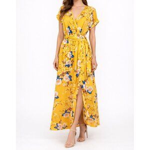 NWT MEGHAN LA Jasmine Faux Wrap Lotus Floral Maxi Sun Dress Sz MD Gold Lotus